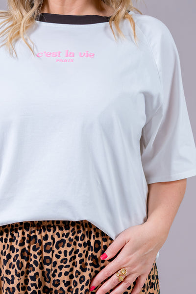 Oversize Shirt mit Print "C´est la vie", weiß/braun