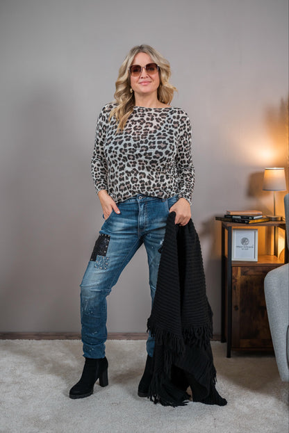 Feines Shirt mit Leopardenmuster, beige/schwarz