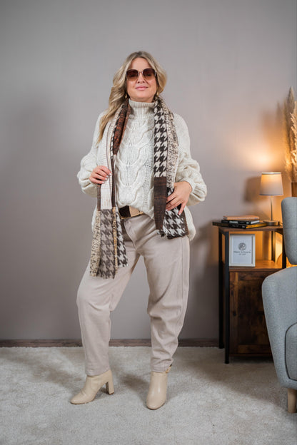 Stylische Hose mit Fischgrätenmuster, creme