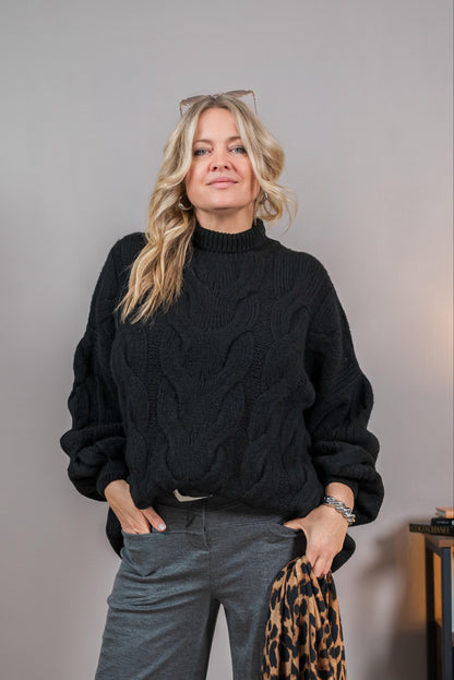 Strickpullover mit Zopfmuster, schwarz