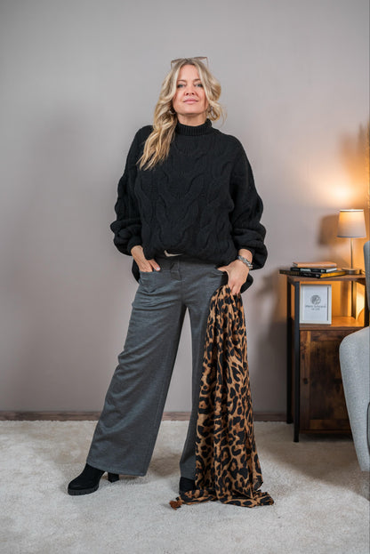 Strickpullover mit Zopfmuster, schwarz