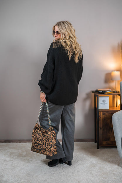 Strickpullover mit Zopfmuster, schwarz