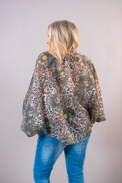 Oversize Bluse "Wild Bloom", khaki/beige