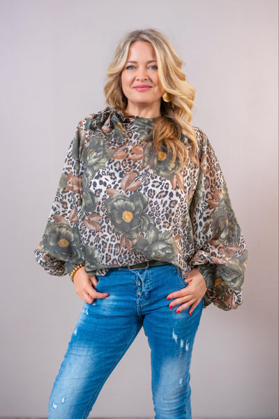 Oversize Bluse "Wild Bloom", khaki/beige