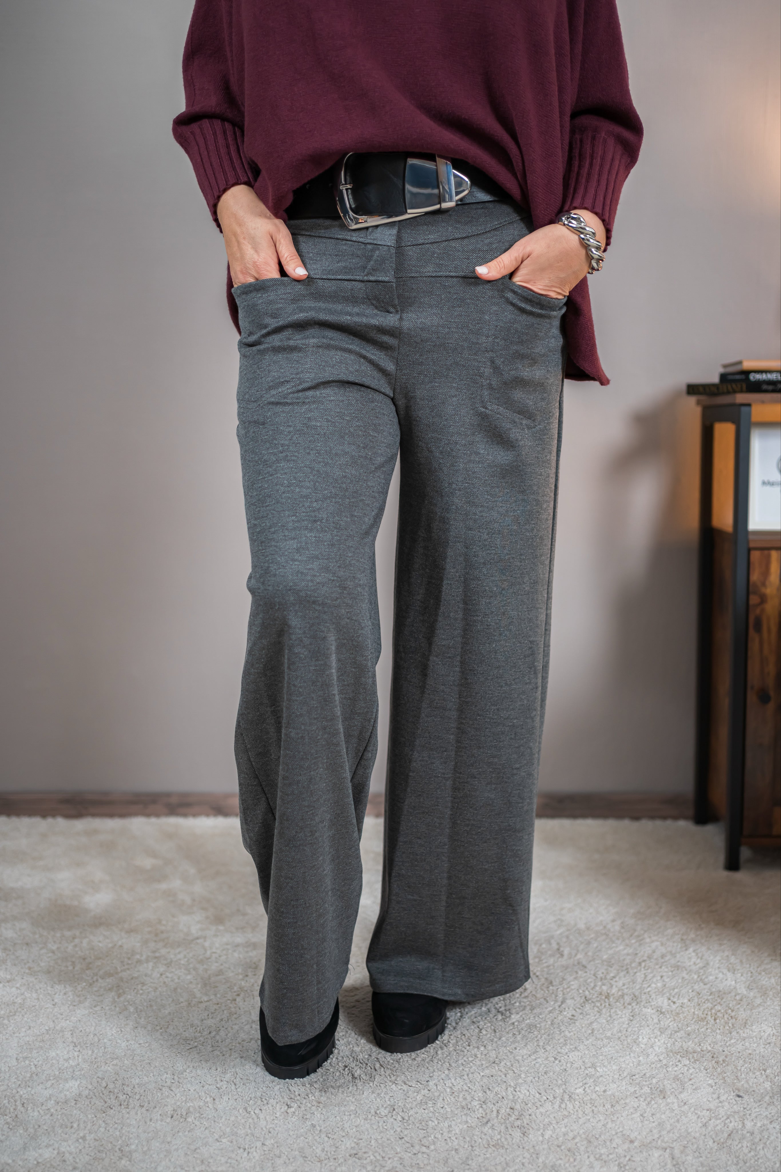 Elegante Stretchhose mit hohem Bund, grau