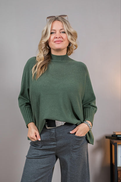 Strickpullover mit Stehkragen, khaki