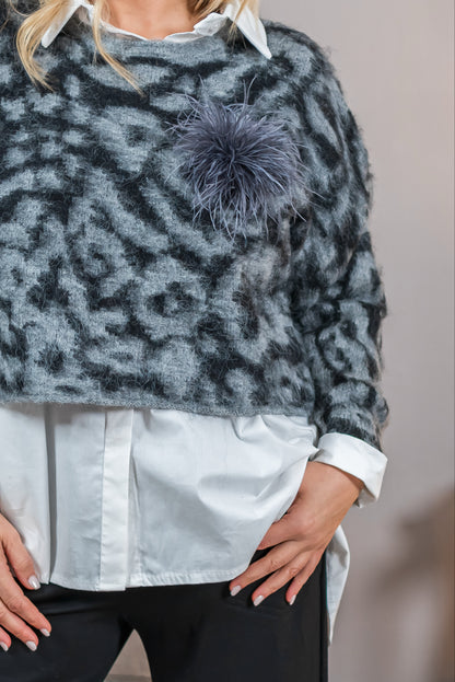 Strickpullover mit Leo-Muster, grau/schwarz