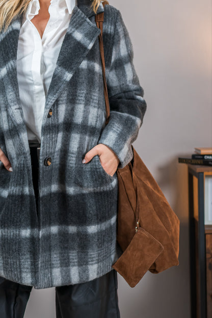 Mantel mit Karomuster und Backprint, grau