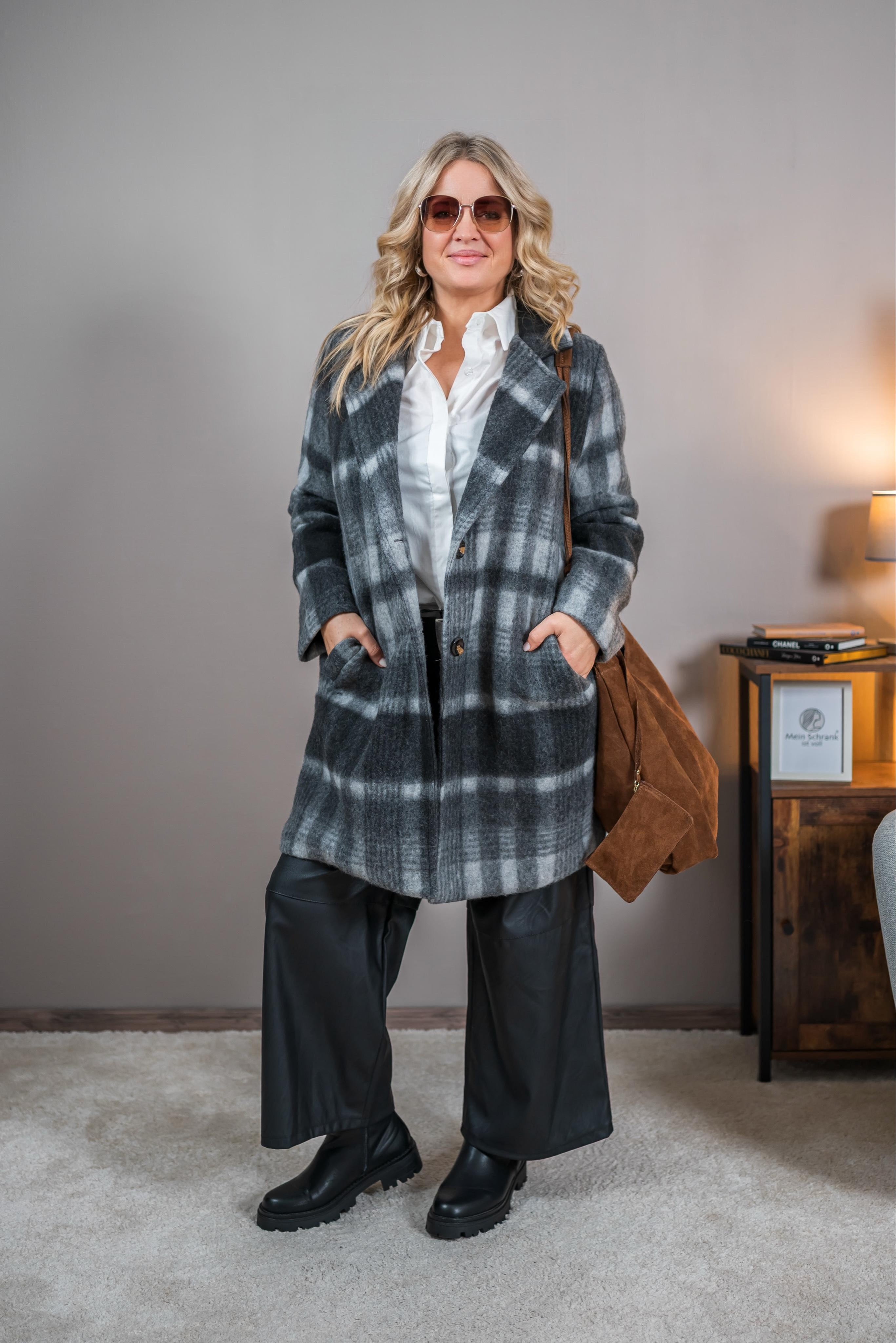 Mantel mit Karomuster und Backprint, grau