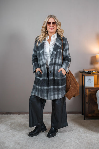 Mantel mit Karomuster und Backprint, grau