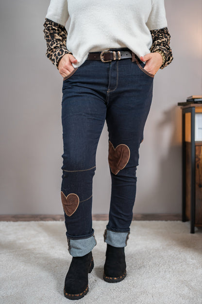 Jeans mit Herz-Patches und Vintage-Details, dunkelblau