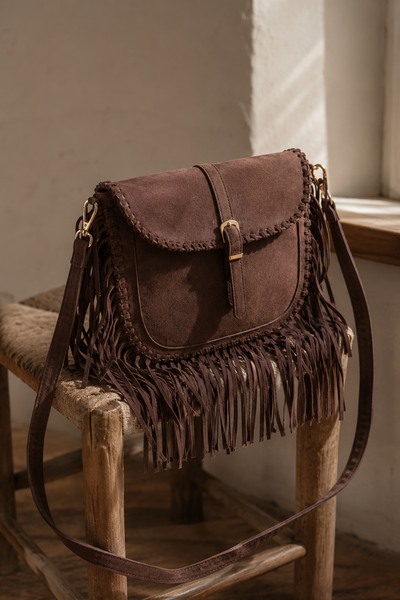 Boho Umhängetasche mit Fransen, Wildleder-Optik in Schokobraun