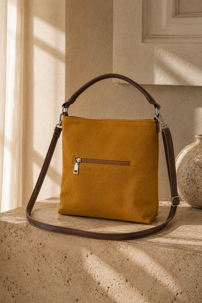 Schultertasche aus Veloursleder mit Zierösen, camel