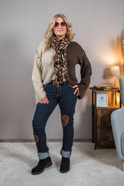 Strickpullover im Block-Design mit Zierbändern