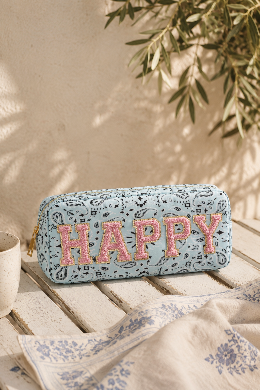 Kosmetiktasche "HAPPY", hellbau/rosa