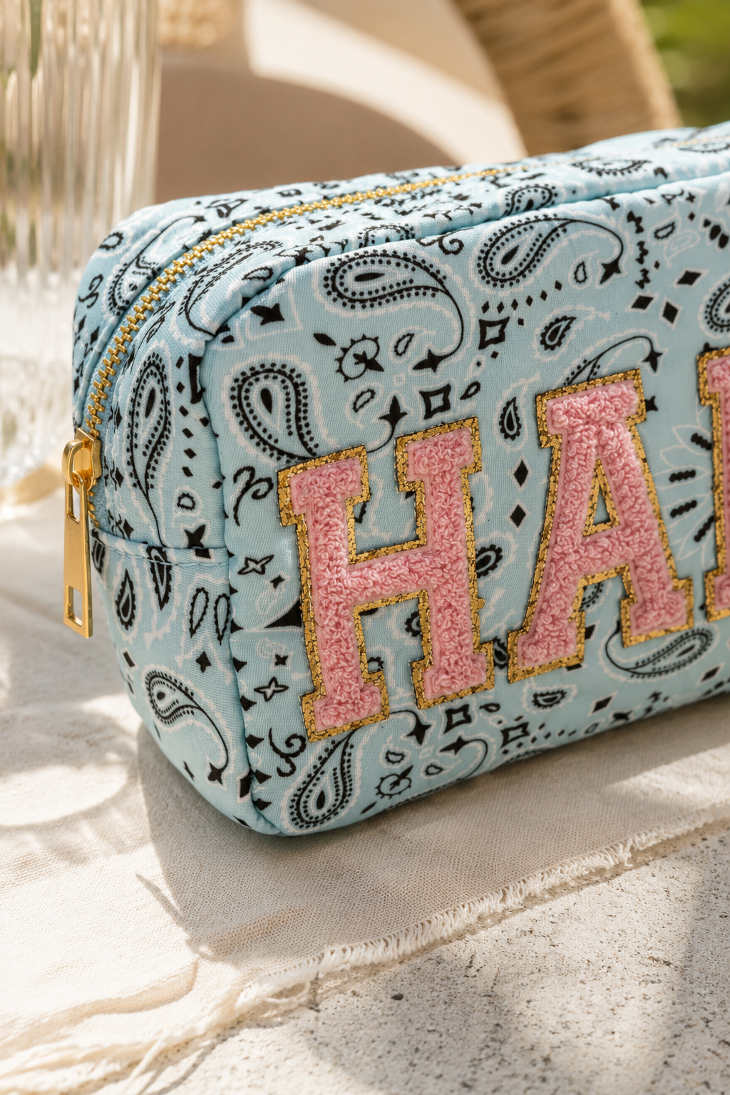 Kosmetiktasche "HAPPY", hellbau/rosa