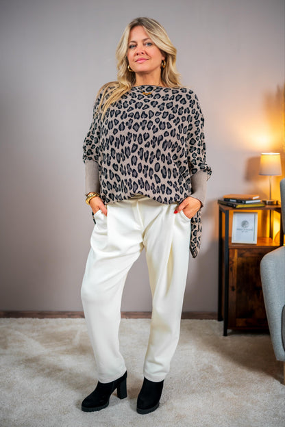 Feinstrickpullover mit Leo-Muster, taupe