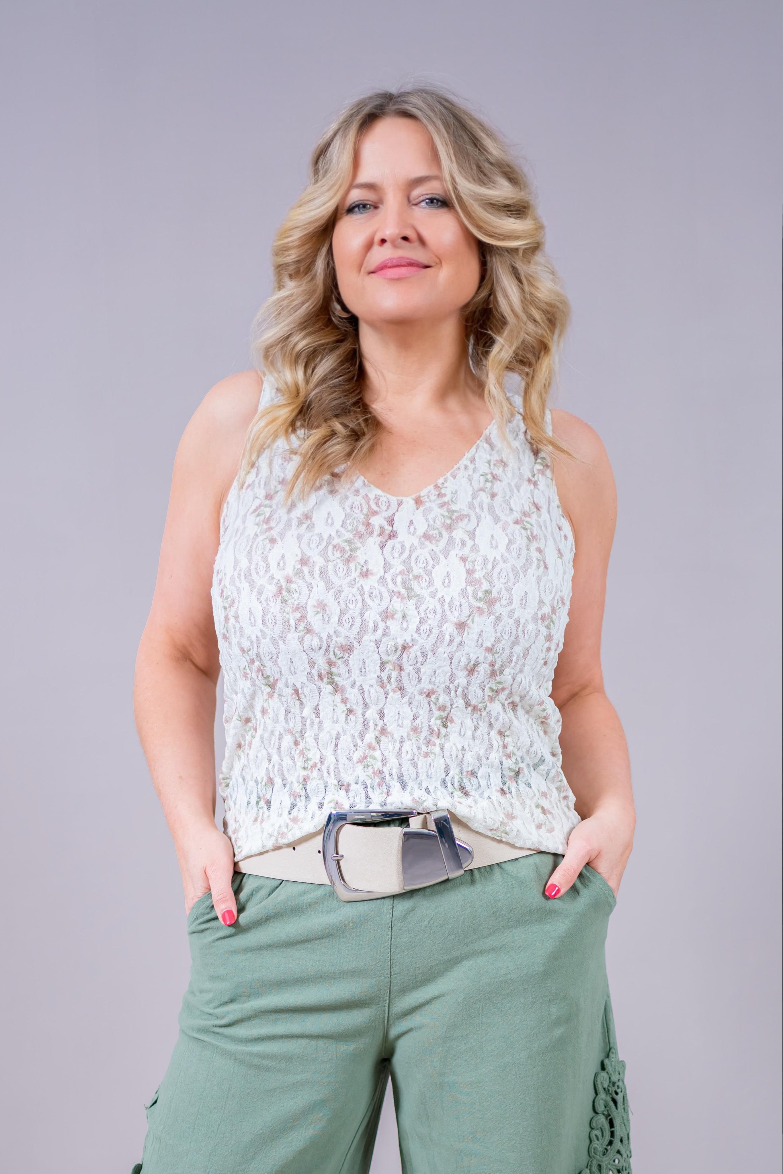Ärmelloses Top mit floralem Muster, creme