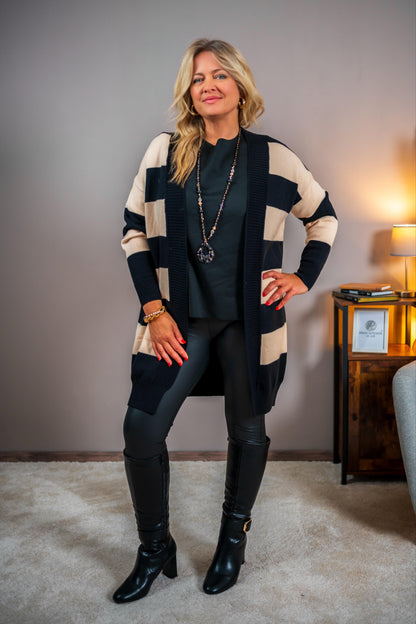 Feine Strickjacke gestreift, beige-schwarz