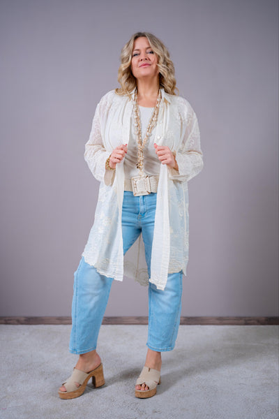 Boho-Longbluse mit Blütenstickerei in Creme