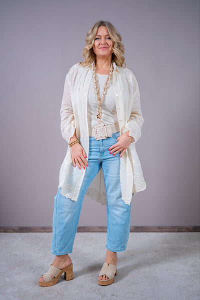 Boho-Longbluse mit Blütenstickerei in Creme