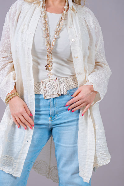 Boho-Longbluse mit Blütenstickerei in Creme