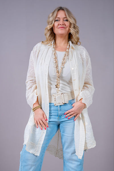Boho-Longbluse mit Blütenstickerei in Creme