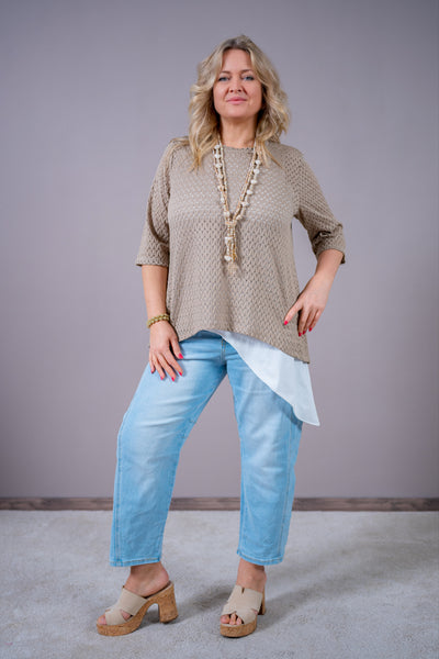 Shirt mit Lochstruktur & 3/4 Arm, taupe