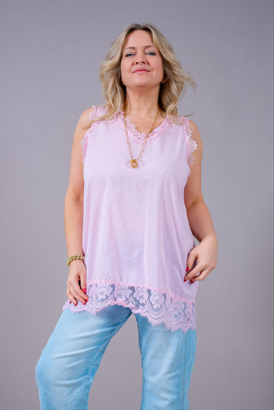 Feminines Top mit V-Ausschnitt und Spitze, rosa