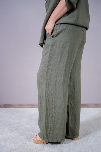 Leinenhose mit weitem Bein, khaki