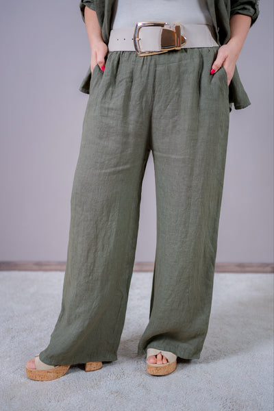 Leinenhose mit weitem Bein, khaki