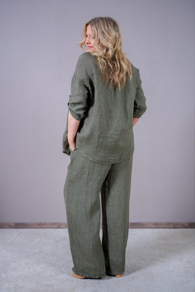 Leinenhose mit weitem Bein, khaki