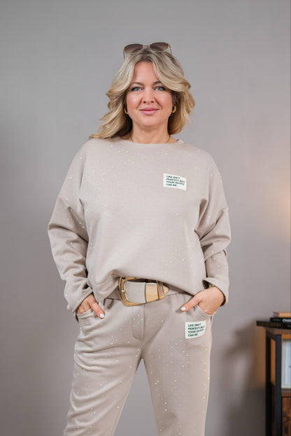 Sweatshirt mit Ziersteinchen und Patch, beige