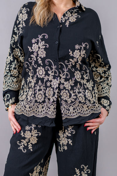 Boho-Longbluse in Schwarz mit goldener Blütenstickerei