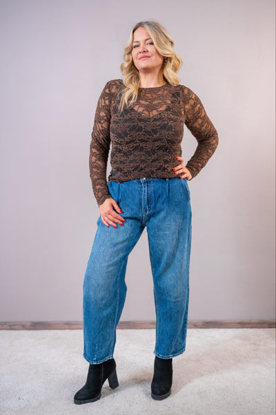 Langarm-Spitzenshirt mit floralem Muster, schokobraun