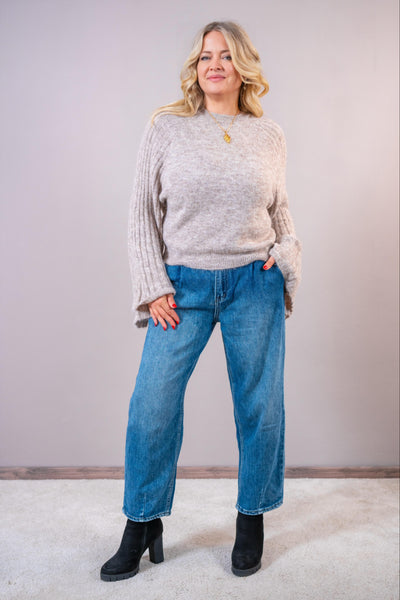 Strickpullover mit Trompetenärmeln, taupe