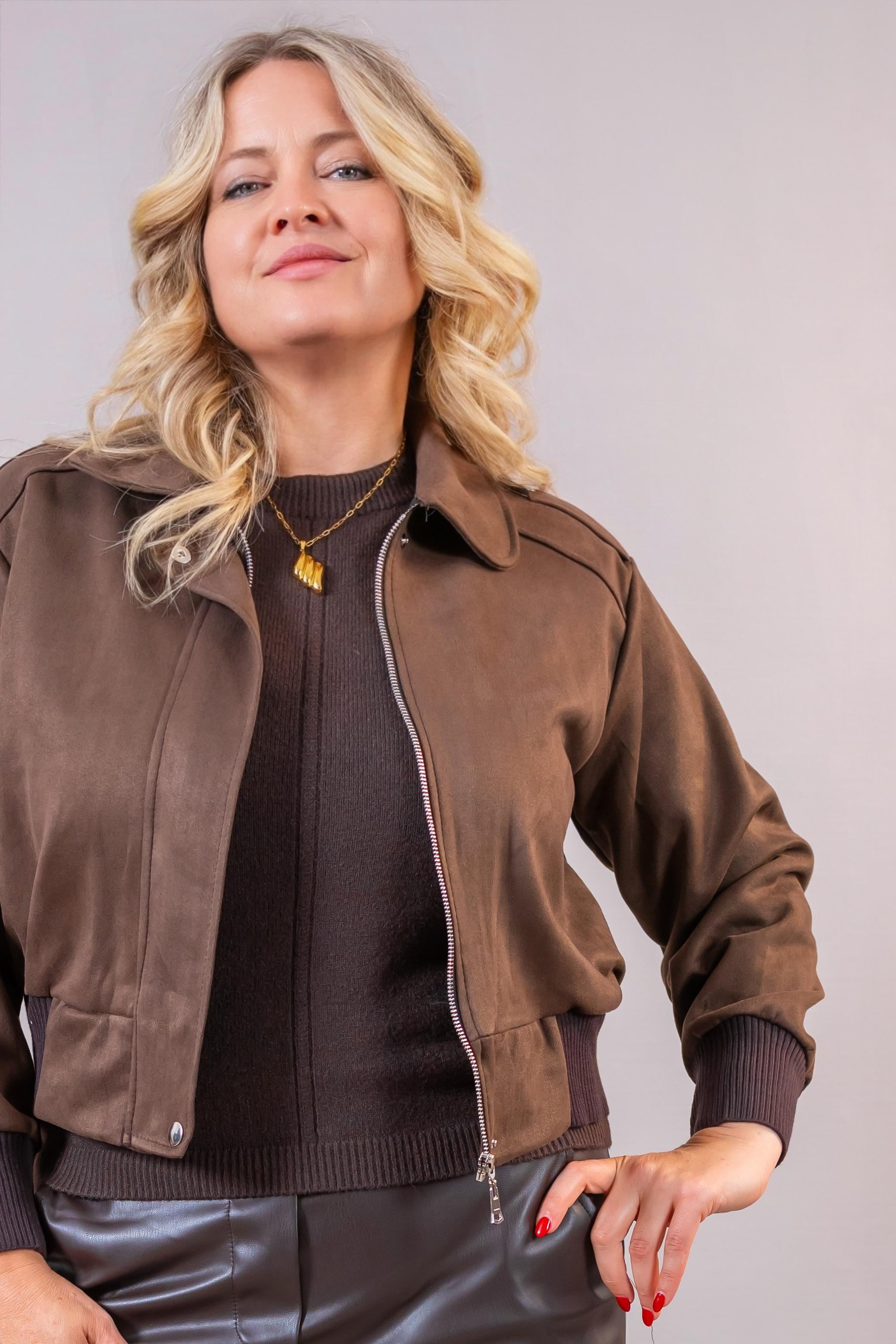Bomberjacke Veloursleder-Look, schokobraun