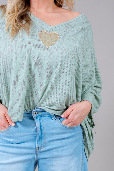 Oversize Shirt mit Lochmuster und goldenem Glitzer-Herz, salbei