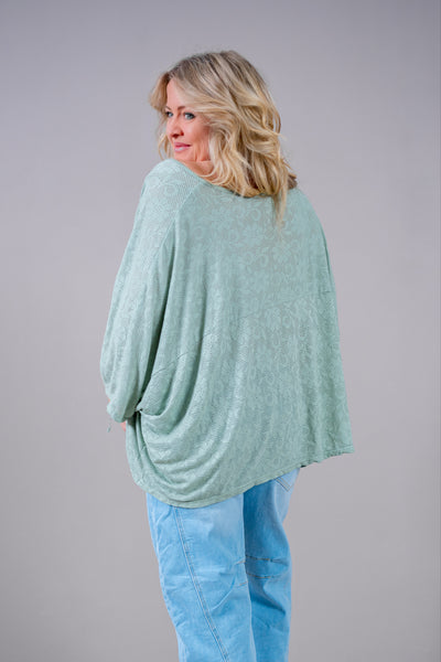 Oversize Shirt mit Lochmuster und goldenem Glitzer-Herz, salbei