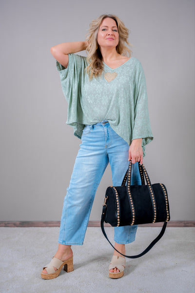 Oversize Shirt mit Lochmuster und goldenem Glitzer-Herz, salbei