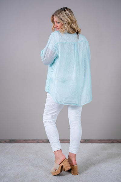 Leichte Sommerbluse mit Stehkragen & aufgesetzten Brusttaschen, mint
