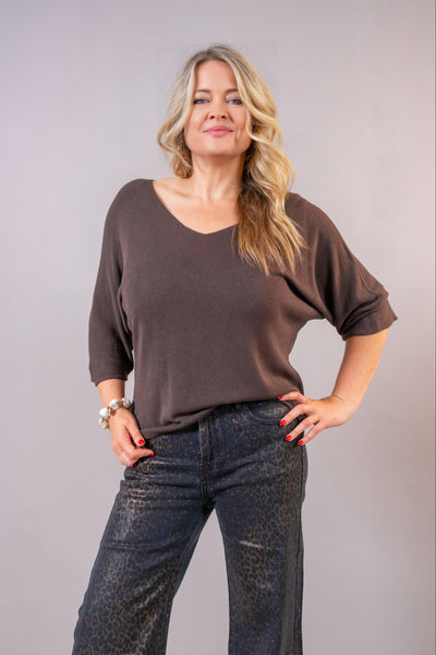 Feinstrickpullover mit V-Ausschnitt, schokobraun
