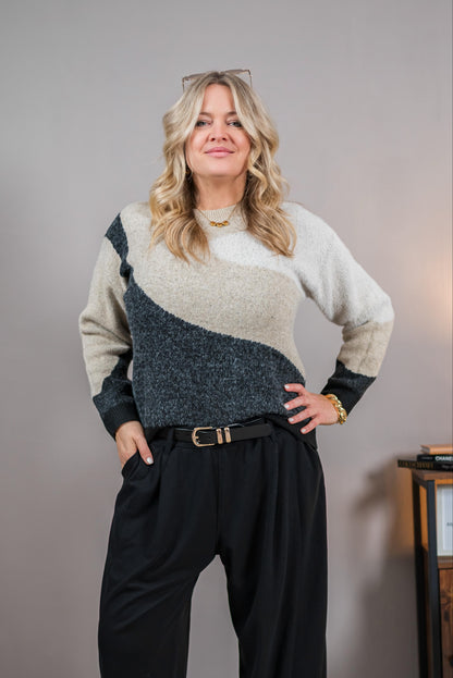 Klassischer Strickpullover mit Colorblock-Design, grau-beige-creme