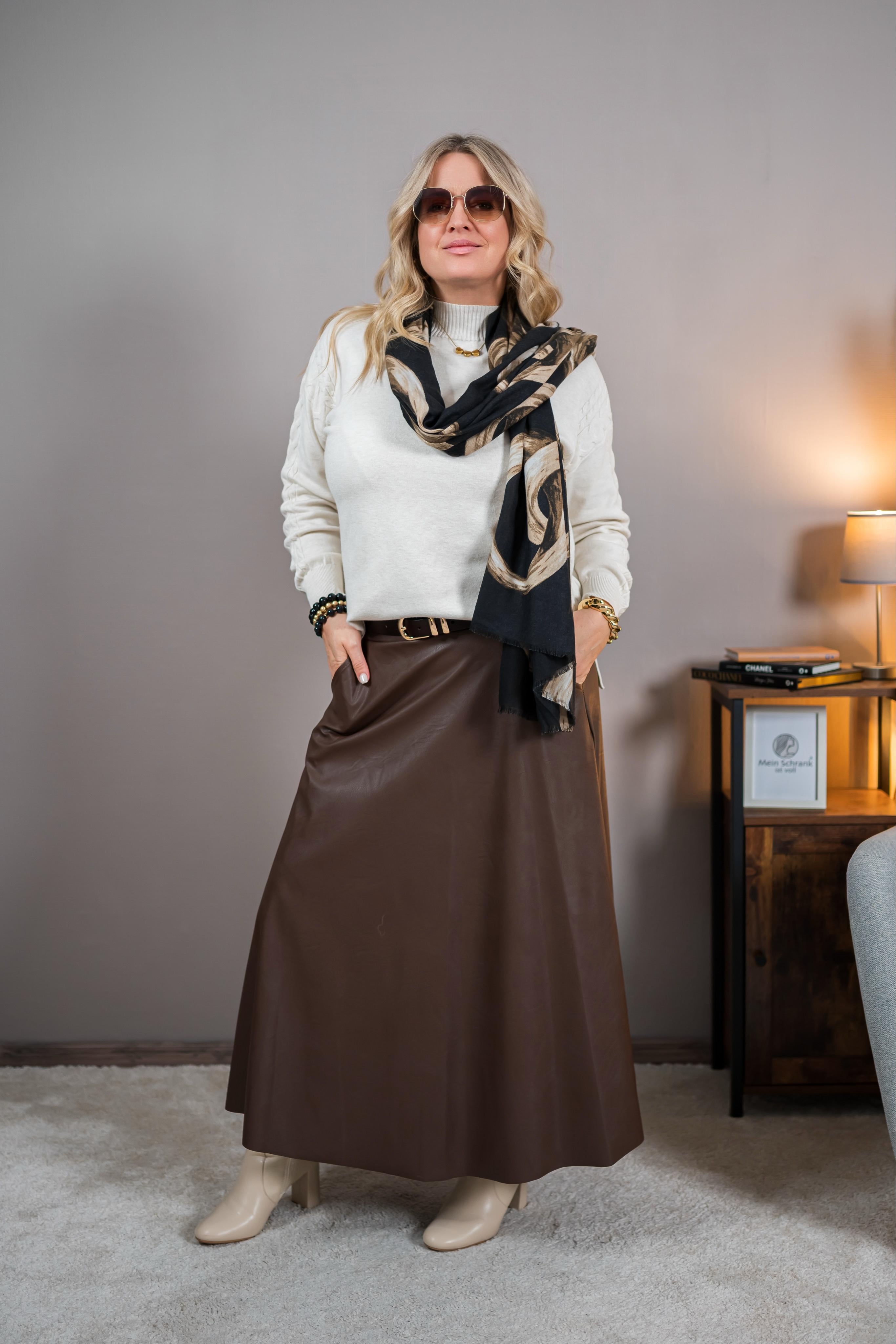 Langer Rock im Leder-Look mit Gürtel, braun