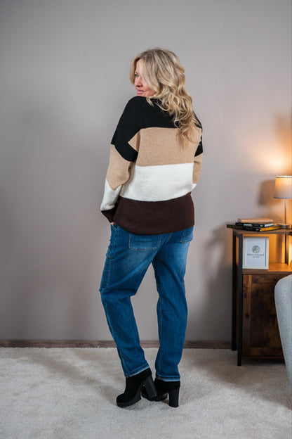 Strickpullover im Colorblock-Design, schwarz-camel-creme