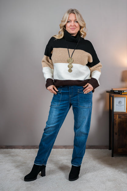 Strickpullover im Colorblock-Design, schwarz-camel-creme