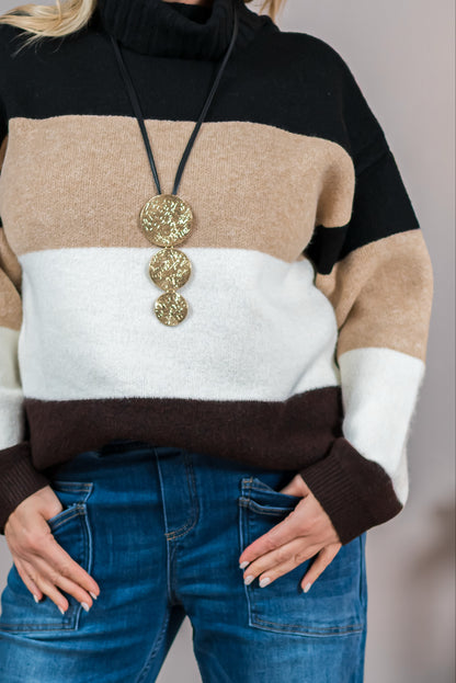 Strickpullover im Colorblock-Design, schwarz-camel-creme