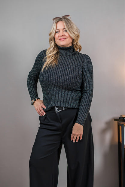 Rollkragenpullover mit Glitzerfäden, schwarz