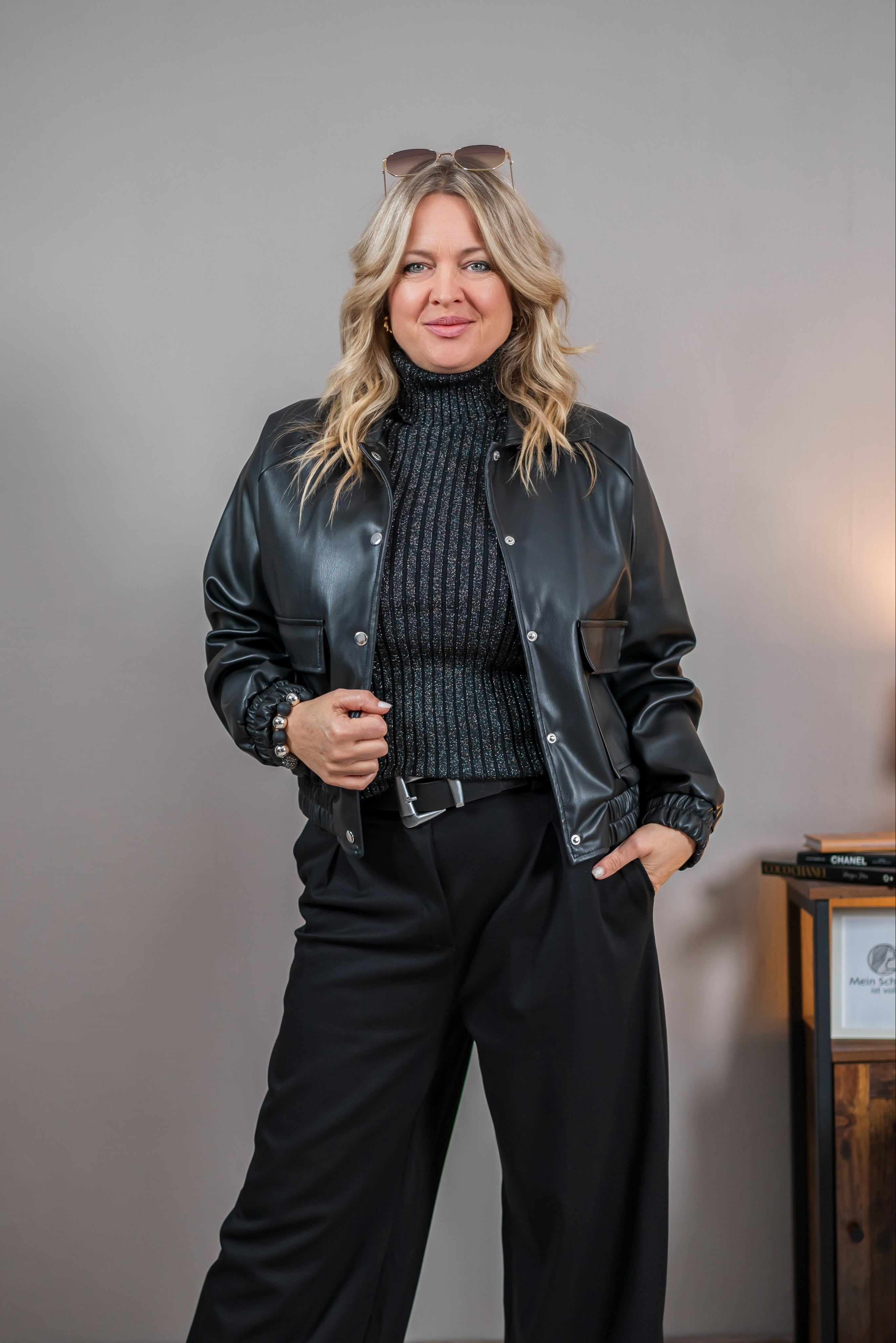 Kunstlederjacke, schwarz