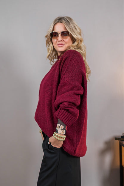 Oversize-Strickpullover, bordeaux